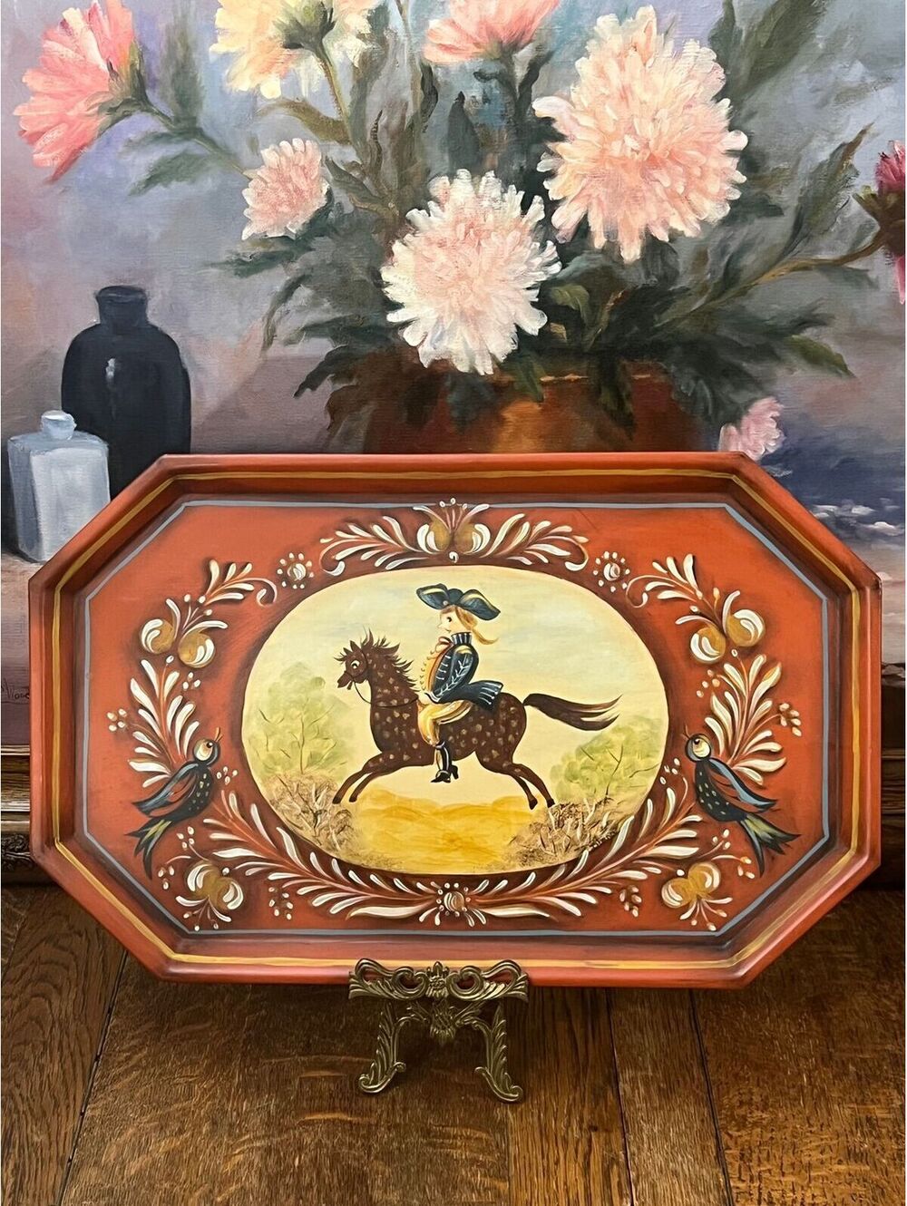 Vintage Folk Art Decorative Tin Tray, Hand Painted, Red, White, and Blue